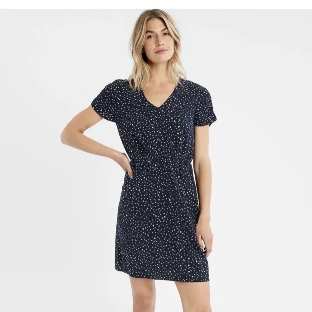 Banana Republic navy blue Puff Sleeve Fit & Flare Dress with hearts- size Large